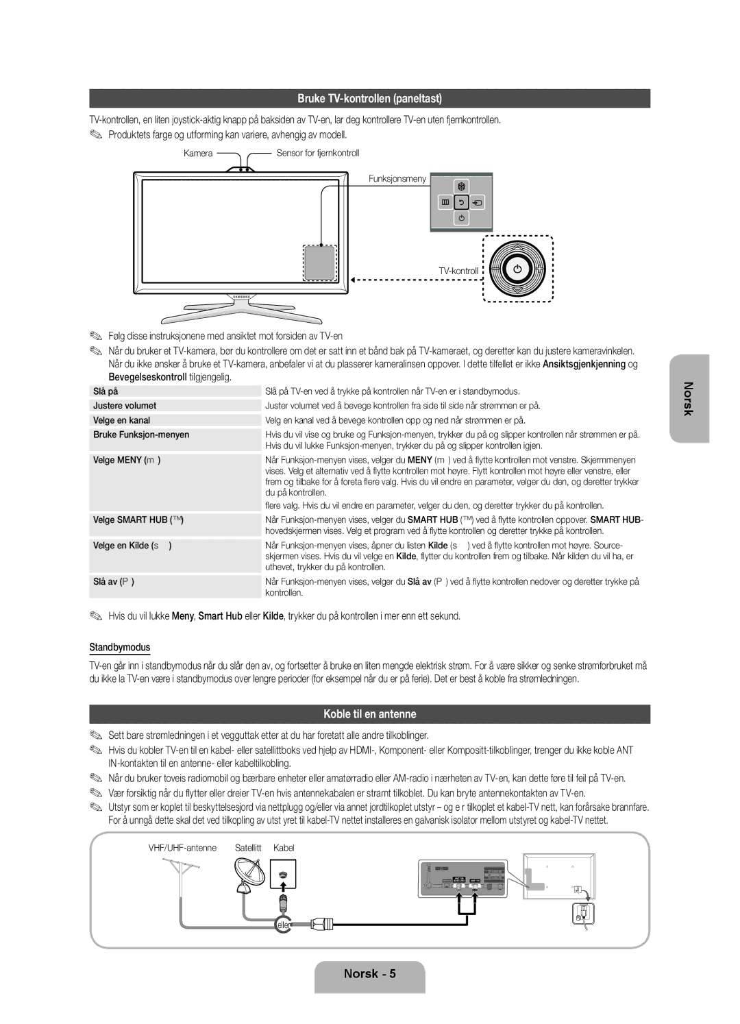 Samsung UE55ES7005UXXE, UE40ES7005UXXE, UE46ES7005UXXE manual Bruke TV-kontrollen paneltast, Koble til en antenne 