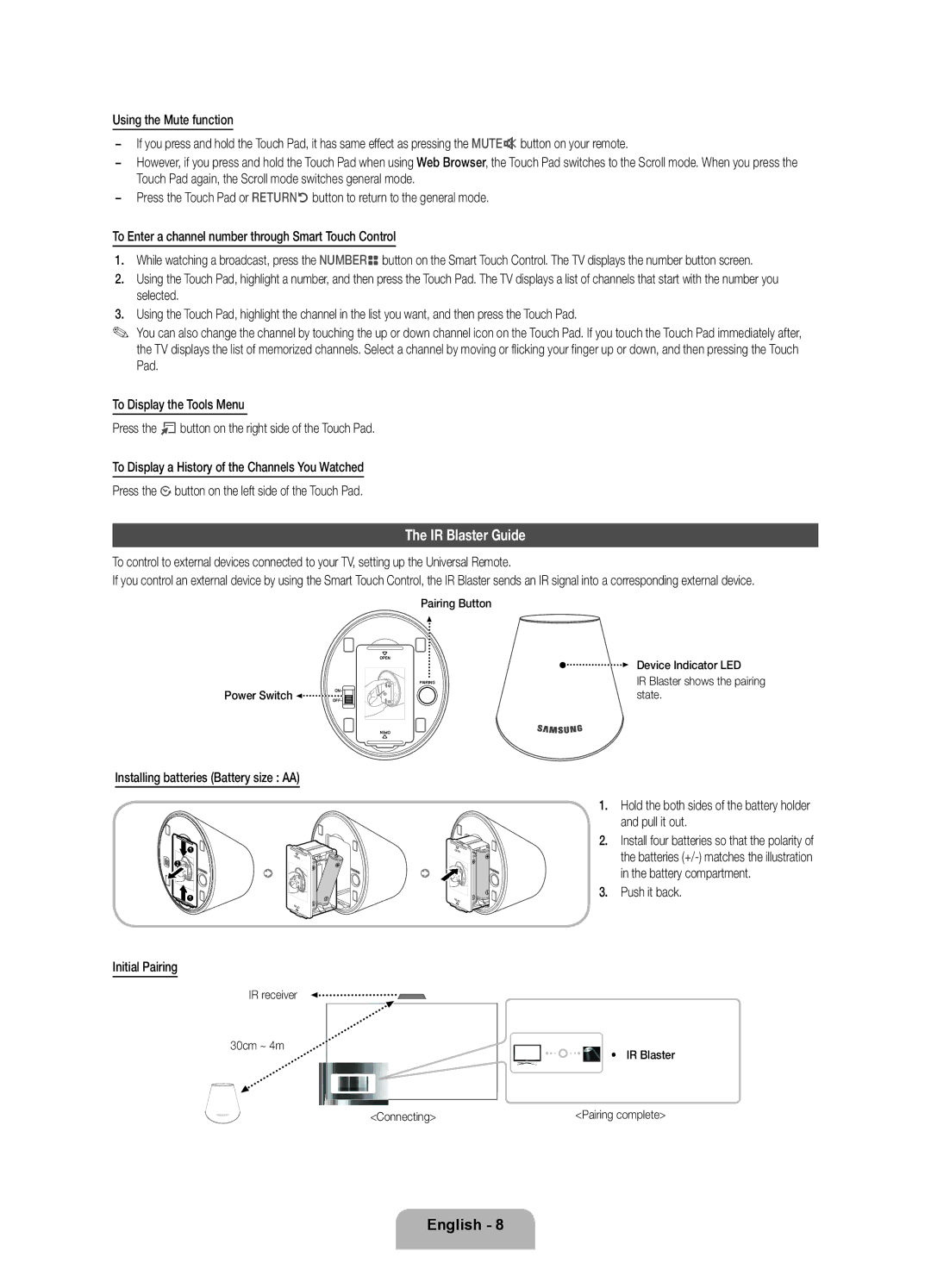 Samsung UE55ES7005UXXE, UE40ES7005UXXE manual IR Blaster Guide, Push it back, IR receiver 30cm ~ 4m Device Indicator LED 