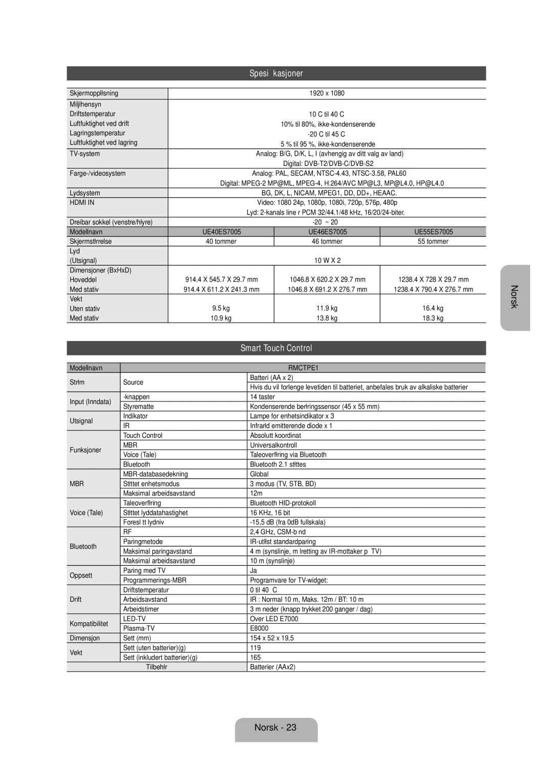 Samsung UE55ES7005UXXE, UE40ES7005UXXE, UE46ES7005UXXE manual Spesifikasjoner 