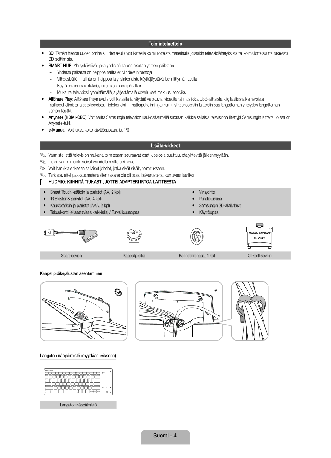 Samsung UE40ES7005UXXE manual Toimintoluettelo, Lisätarvikkeet, Huomio Kiinnitä TIUKASTI, Jottei Adapteri Irtoa Laitteesta 