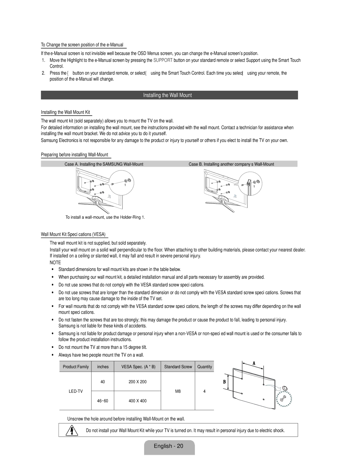 Samsung UE40ES7080UXZG, UE55ES7080UXZG Installing the Wall Mount, Preparing before installing Wall-Mount, Inches, 46~60 