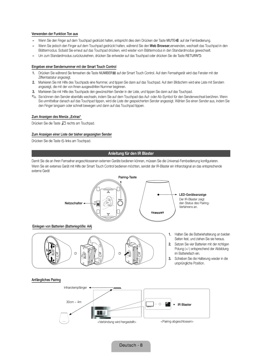 Samsung UE55ES7080UXZG Anleitung für den IR Blaster, Verwenden der Funktion Ton aus, Pairing-Taste, LED-Geräteanzeige 