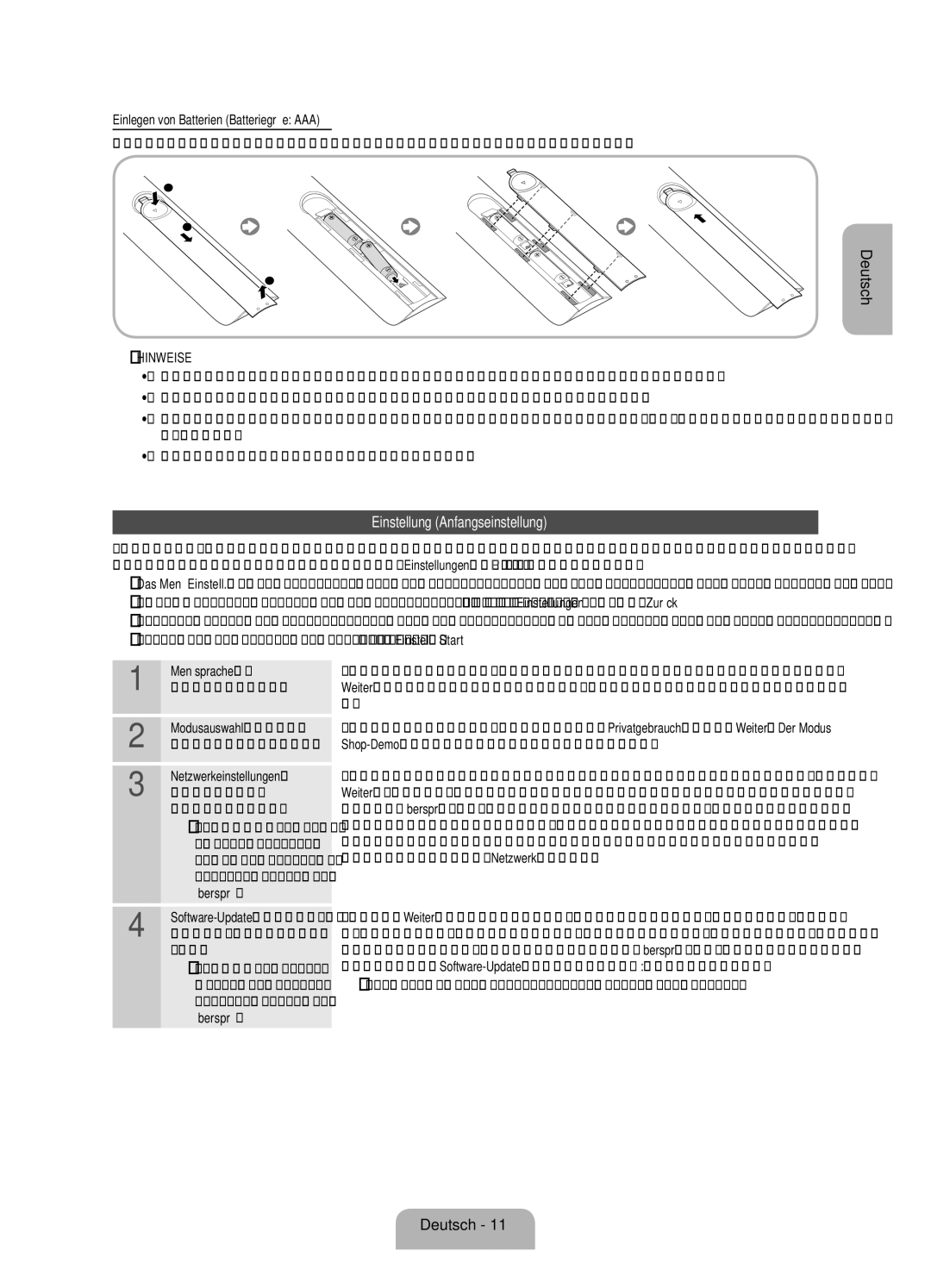 Samsung UE40ES7080UXZG manual Einstellung Anfangseinstellung, Menüsprache Auswählen der Sprache Modusauswahl Auswählen 