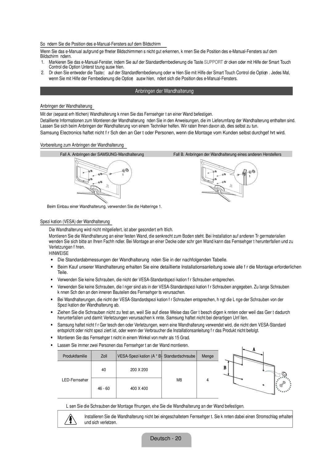 Samsung UE55ES7080UXZG, UE40ES7080UXZG manual Vorbereitung zum Anbringen der Wandhalterung, Produktfamilie Zoll, Menge 