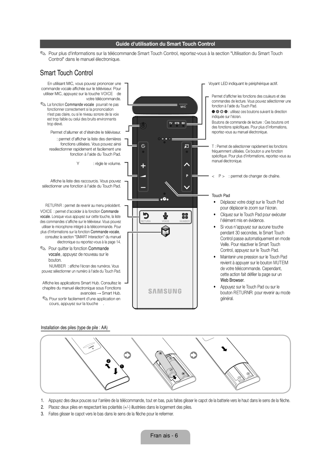 Samsung UE40ES7080UXZG manual Guide dutilisation du Smart Touch Control, Permet dallumer et déteindre le téléviseur 