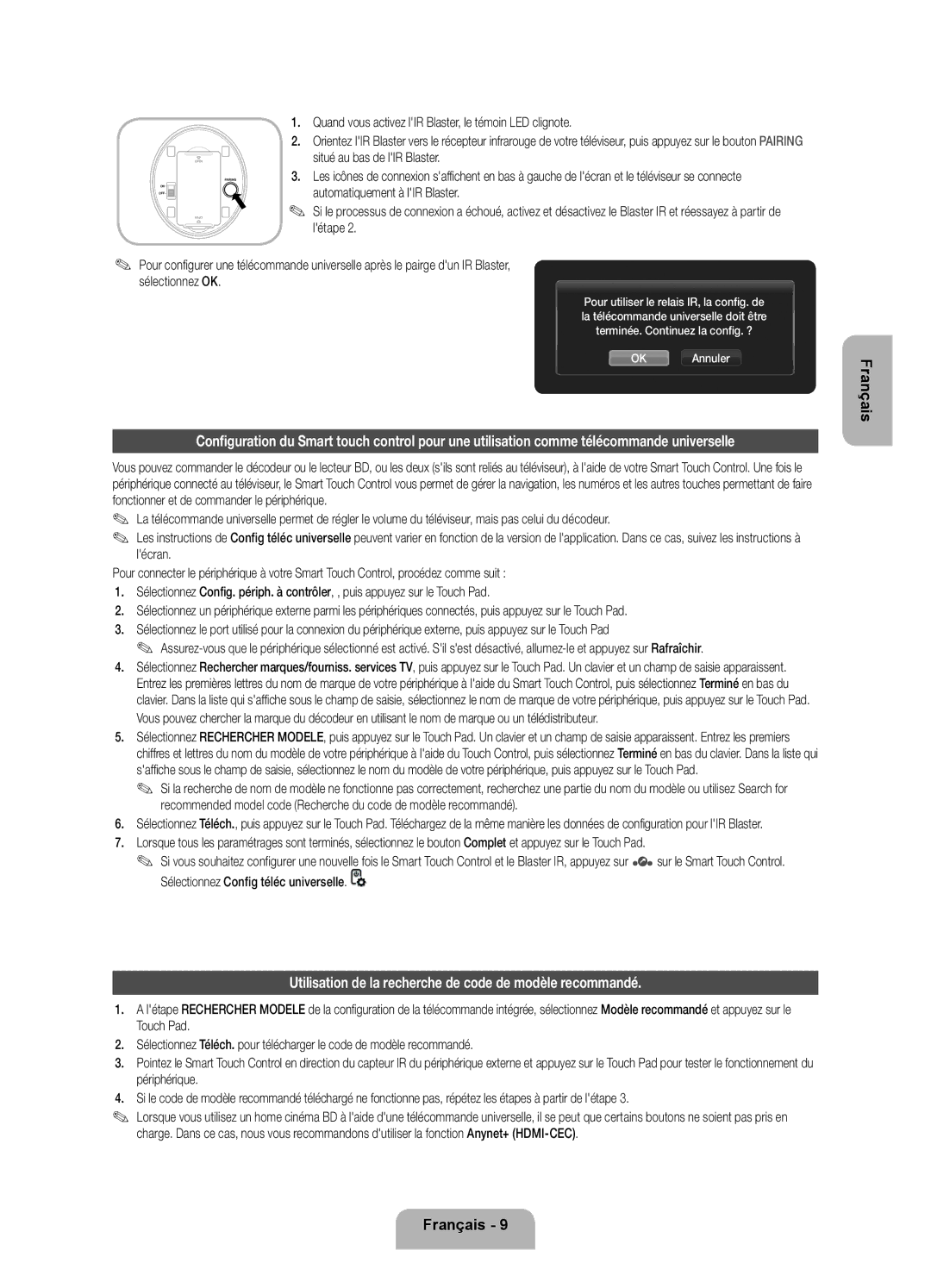 Samsung UE55ES7080UXZG, UE40ES7080UXZG manual Utilisation de la recherche de code de modèle recommandé 