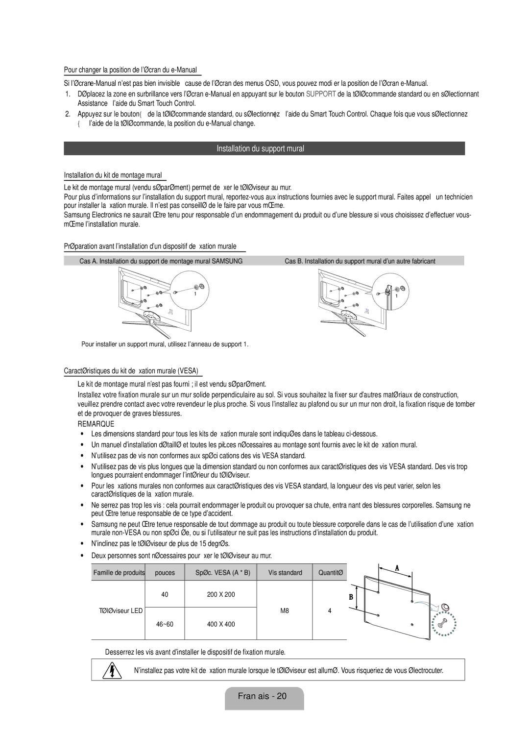 Samsung UE40ES7080UXZG, UE55ES7080UXZG manual Installation du support mural, Pour changer la position de lécran du e-Manual 