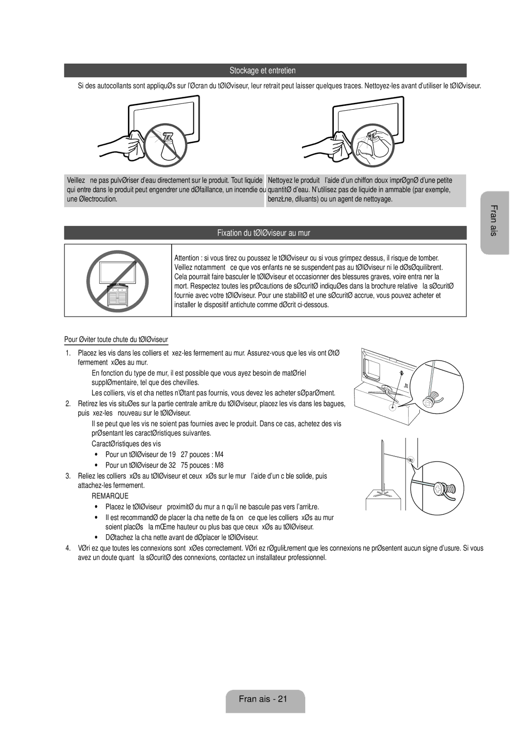 Samsung UE55ES7080UXZG, UE40ES7080UXZG manual Stockage et entretien, Fixation du téléviseur au mur 