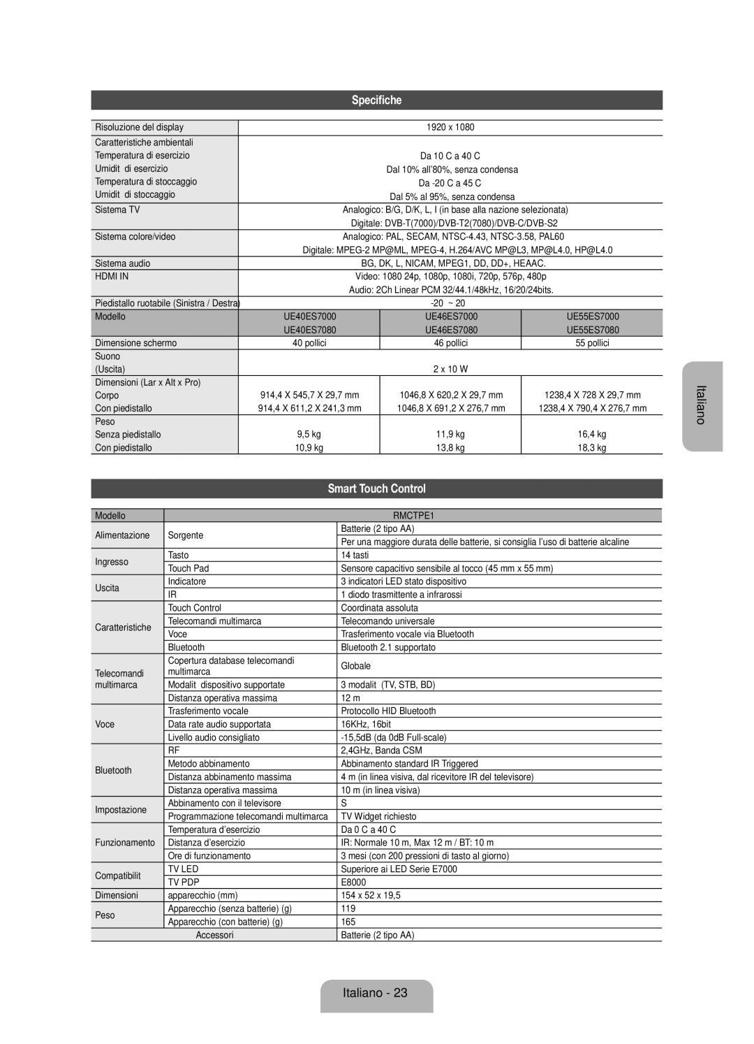 Samsung UE40ES7080UXZG, UE55ES7080UXZG manual Specifiche 