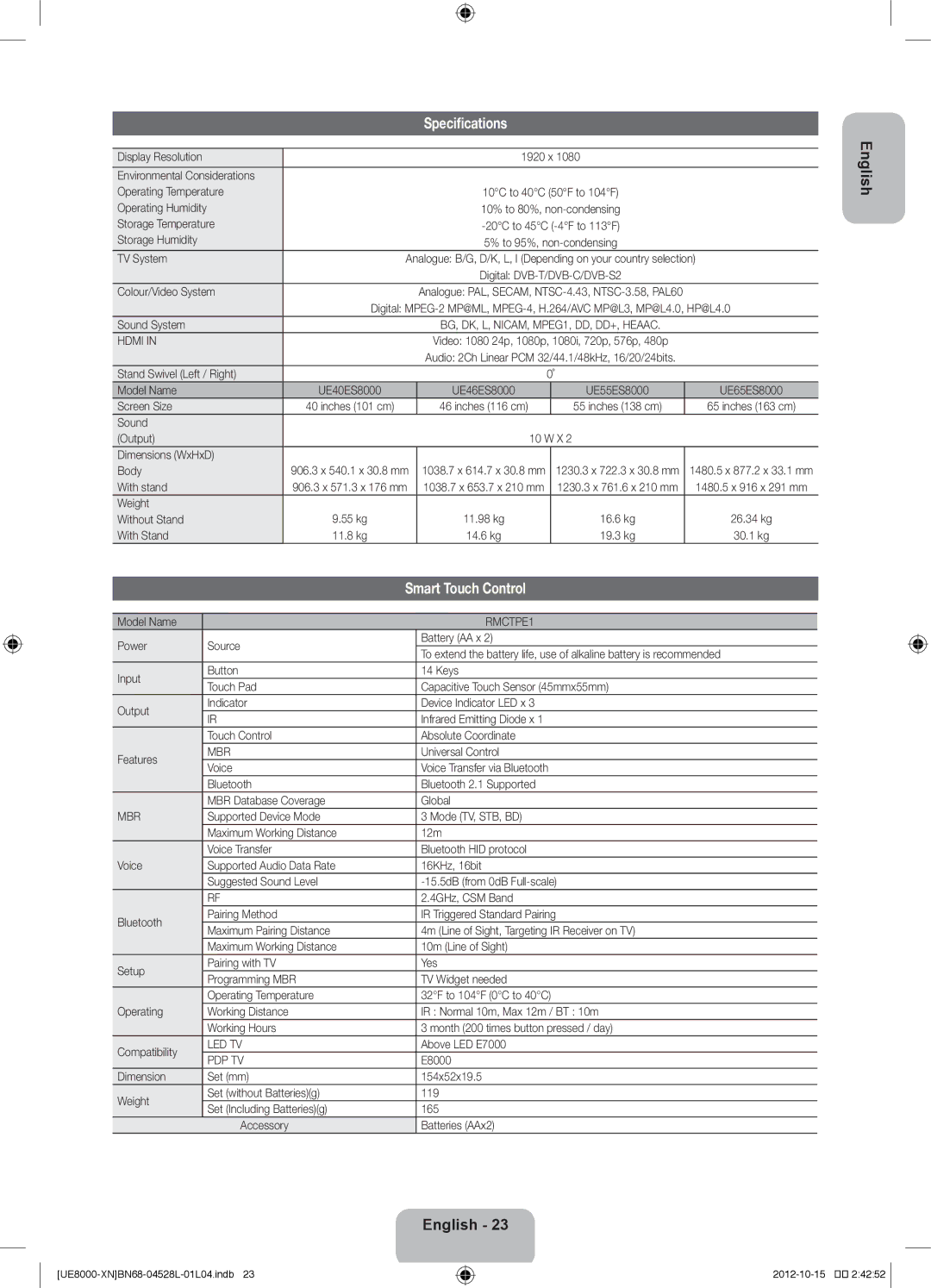 Samsung UE40ES8000SXXC, UE40ES8000SXTK, UE46ES8000SXXN, UE46ES8000SXXC, UE55ES8000SXXH Specifications, Smart Touch Control 