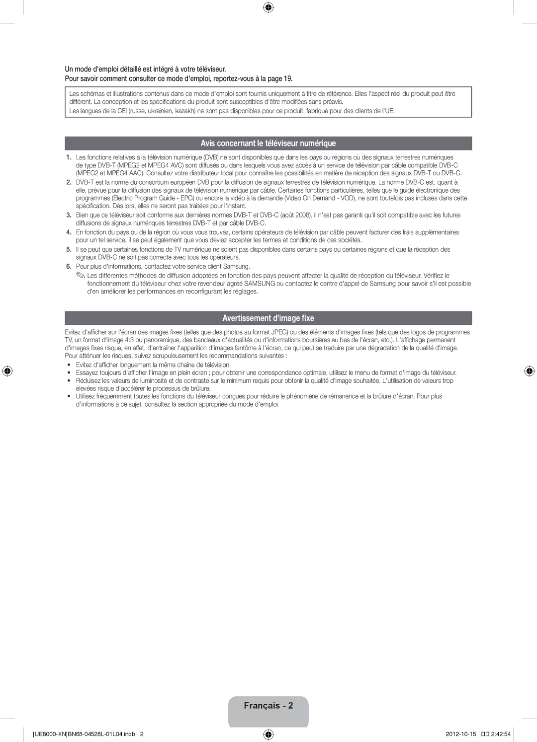 Samsung UE46ES8000SXTK manual Avis concernant le téléviseur numérique, Avertissement dimage fixe, Chaîne de télévision 