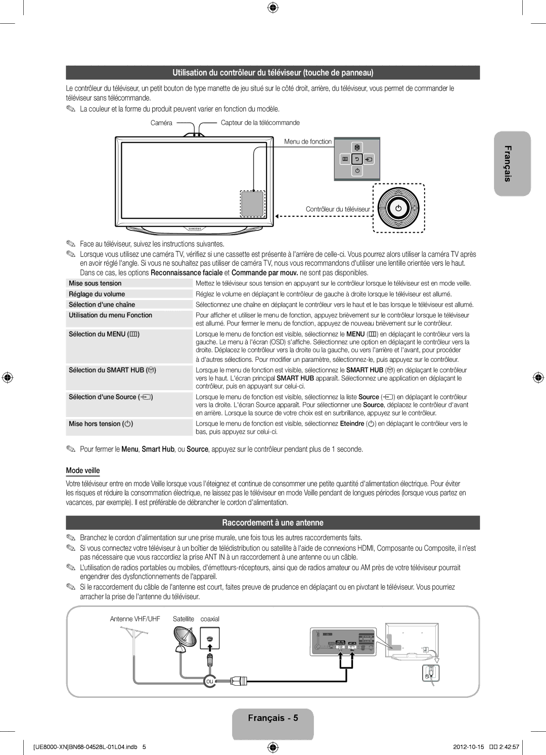 Samsung UE65ES8000SXXN manual Utilisation du contrôleur du téléviseur touche de panneau, Raccordement à une antenne 