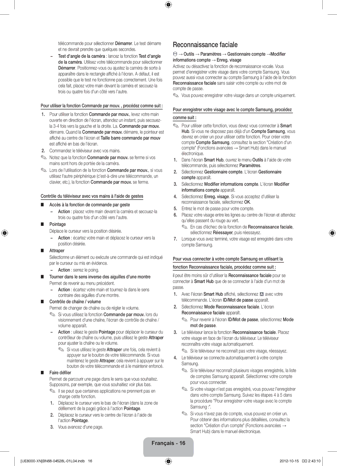 Samsung UE46ES8000SXXN, UE40ES8000SXTK manual Reconnaissance faciale, Commandez le téléviseur avec vos mains, Faire défiler 