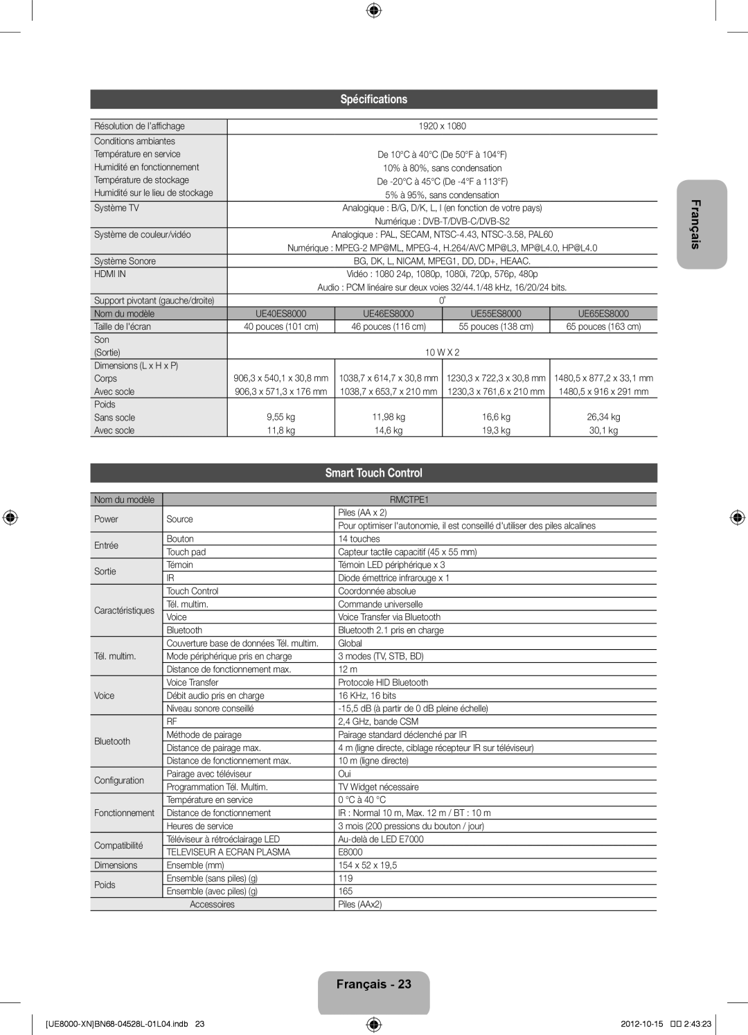 Samsung UE55ES8000SXTK, UE40ES8000SXTK, UE46ES8000SXXN, UE46ES8000SXXC, UE55ES8000SXXH, UE40ES8000SXXC manual Spécifications 