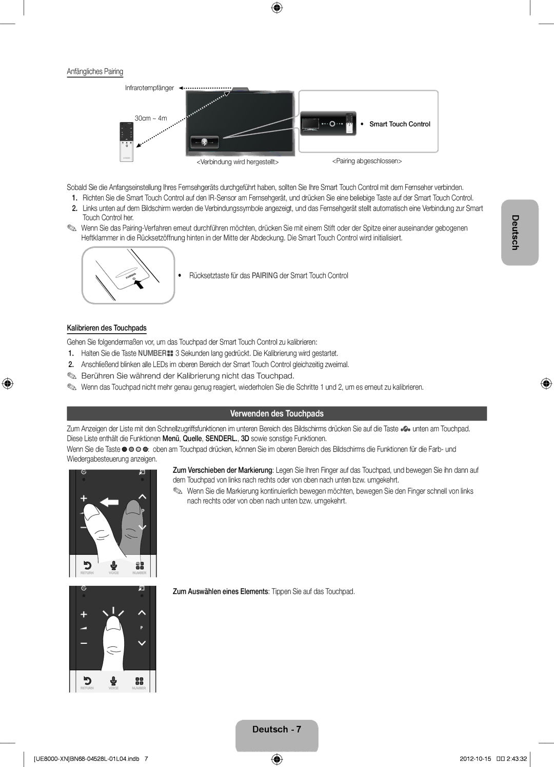Samsung UE46ES8000SXZF, UE40ES8000SXTK, UE46ES8000SXXN, UE46ES8000SXXC manual Verwenden des Touchpads, Anfängliches Pairing 