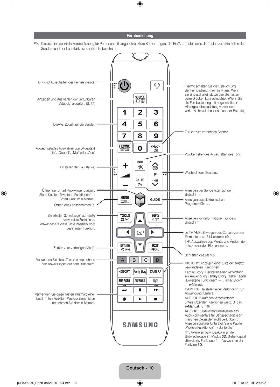 Samsung UE65ES8000SXZF, UE40ES8000SXTK, UE46ES8000SXXN, UE46ES8000SXXC, UE55ES8000SXXH, UE40ES8000SXXC manual Fernbedienung 