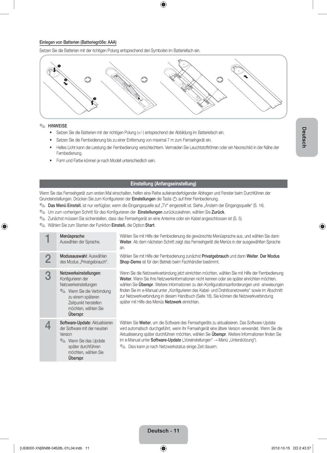 Samsung UE40ES8000SXTK manual Einstellung Anfangseinstellung, Menüsprache Auswählen der Sprache Modusauswahl Auswählen 