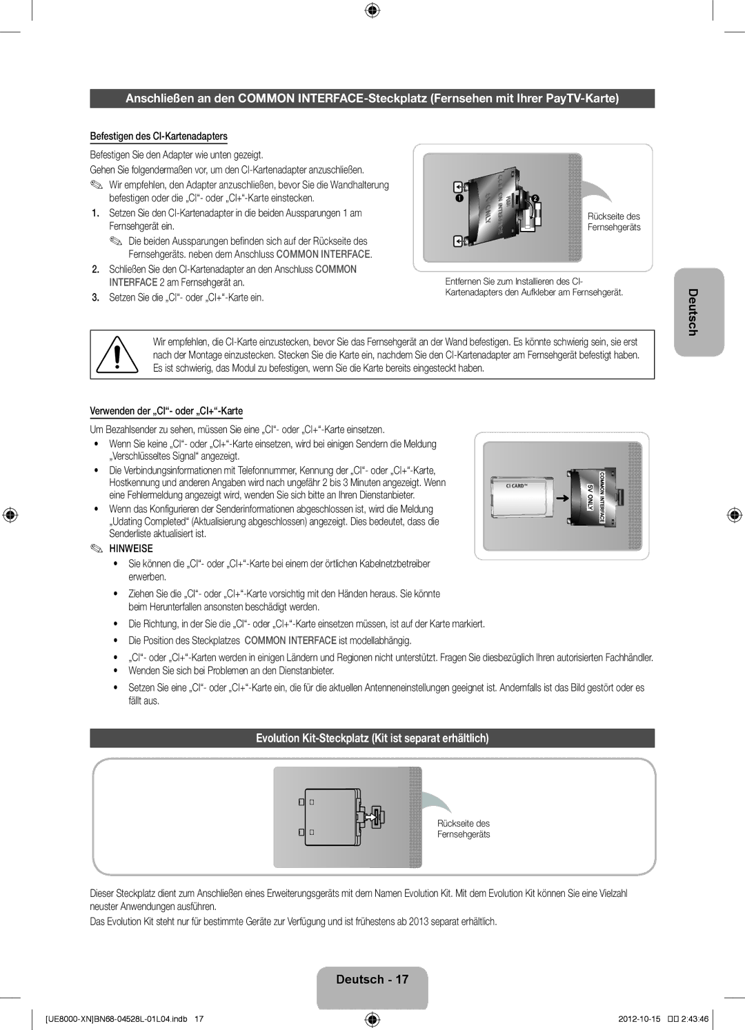 Samsung UE46ES8000SXTK manual Evolution Kit-Steckplatz Kit ist separat erhältlich, Setzen Sie die „CI- oder „CI+-Karte ein 