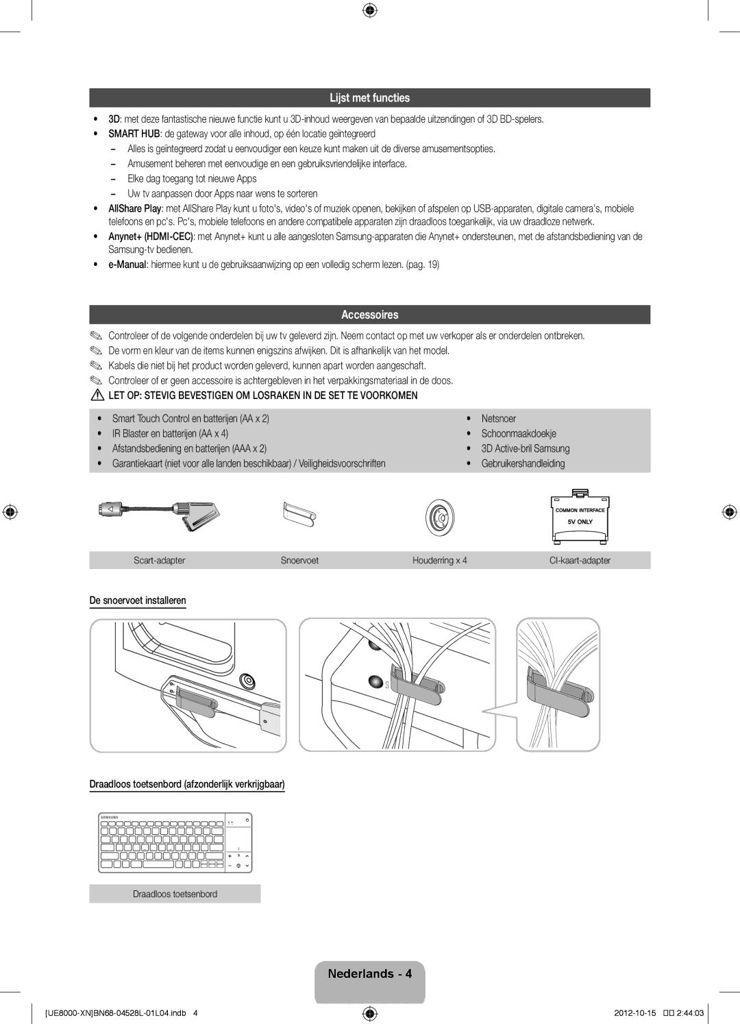 Samsung UE55ES8000SXZF, UE40ES8000SXTK Lijst met functies, Gebruikershandleiding, Scart-adapter Snoervoet Houderring x 