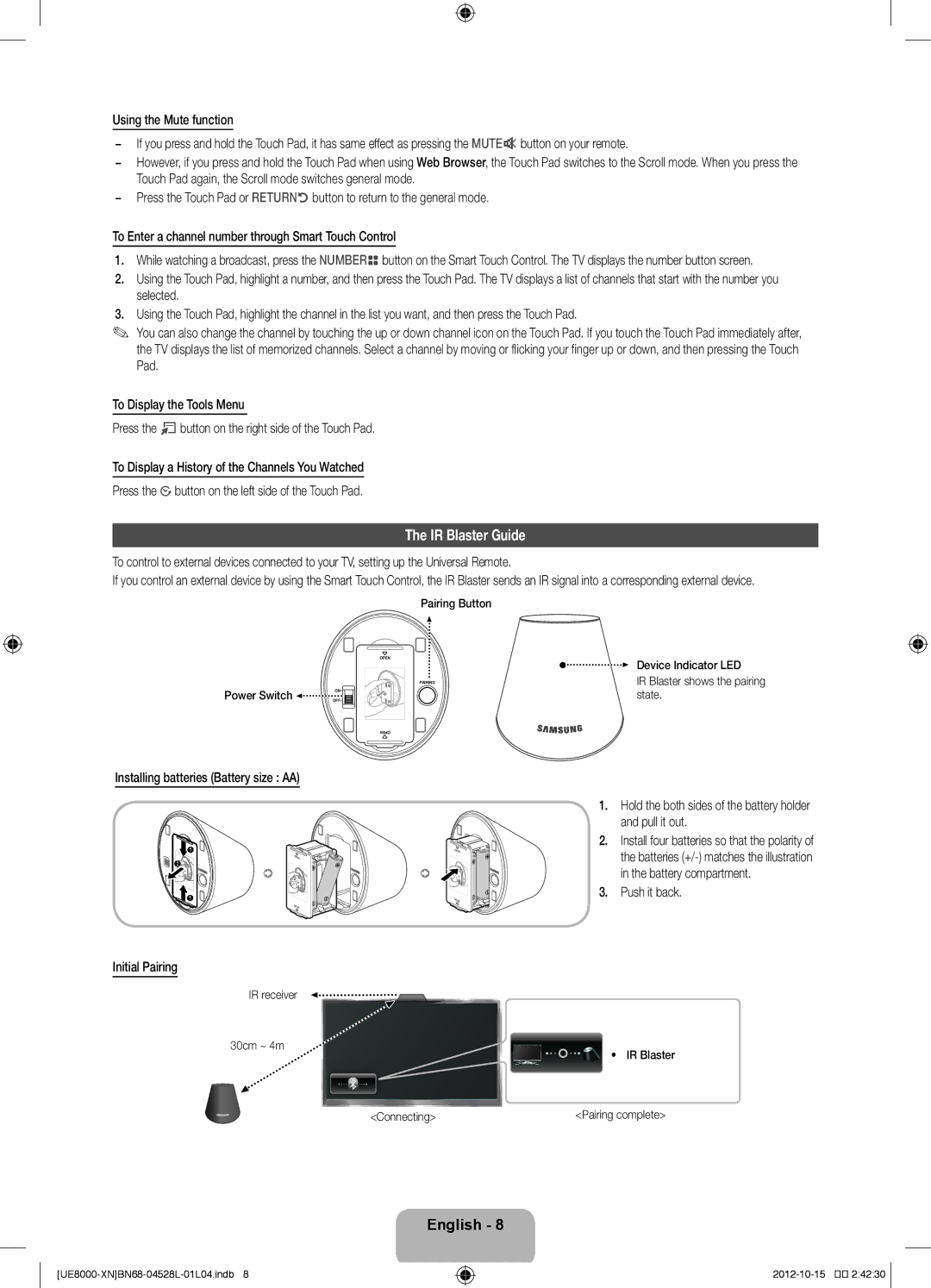 Samsung UE55ES8000SXTK, UE40ES8000SXTK manual IR Blaster Guide, Push it back, IR receiver 30cm ~ 4m Device Indicator LED 