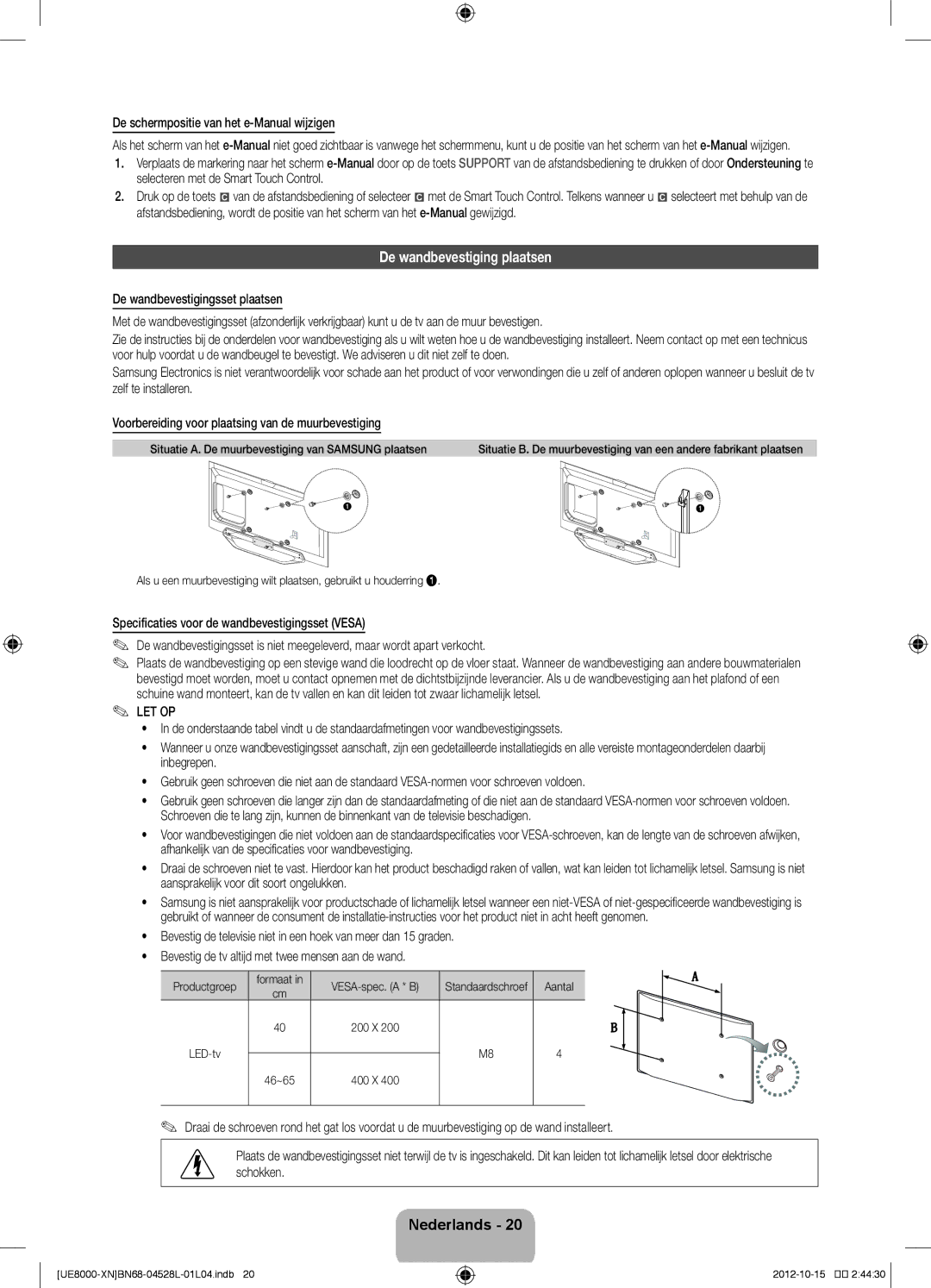 Samsung UE55ES8000SXXN manual De wandbevestiging plaatsen, De schermpositie van het e-Manual wijzigen, Productgroep, Aantal 