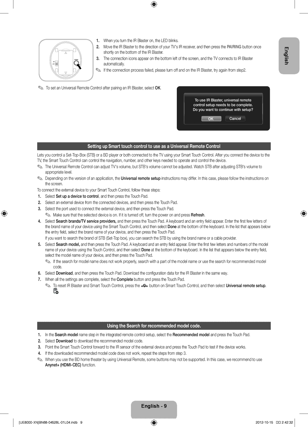 Samsung UE65ES8000SXXN manual Using the Search for recommended model code, When you turn the IR Blaster on, the LED blinks 