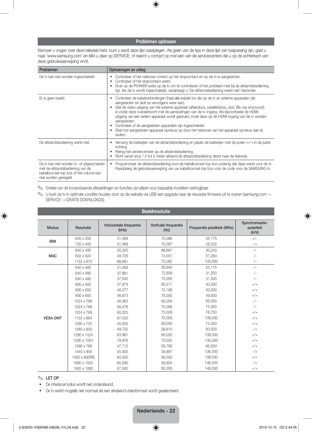 Samsung UE46ES8000SXZF, UE40ES8000SXTK, UE46ES8000SXXN Problemen oplossen, Beeldresolutie, Problemen Oplossingen en uitleg 