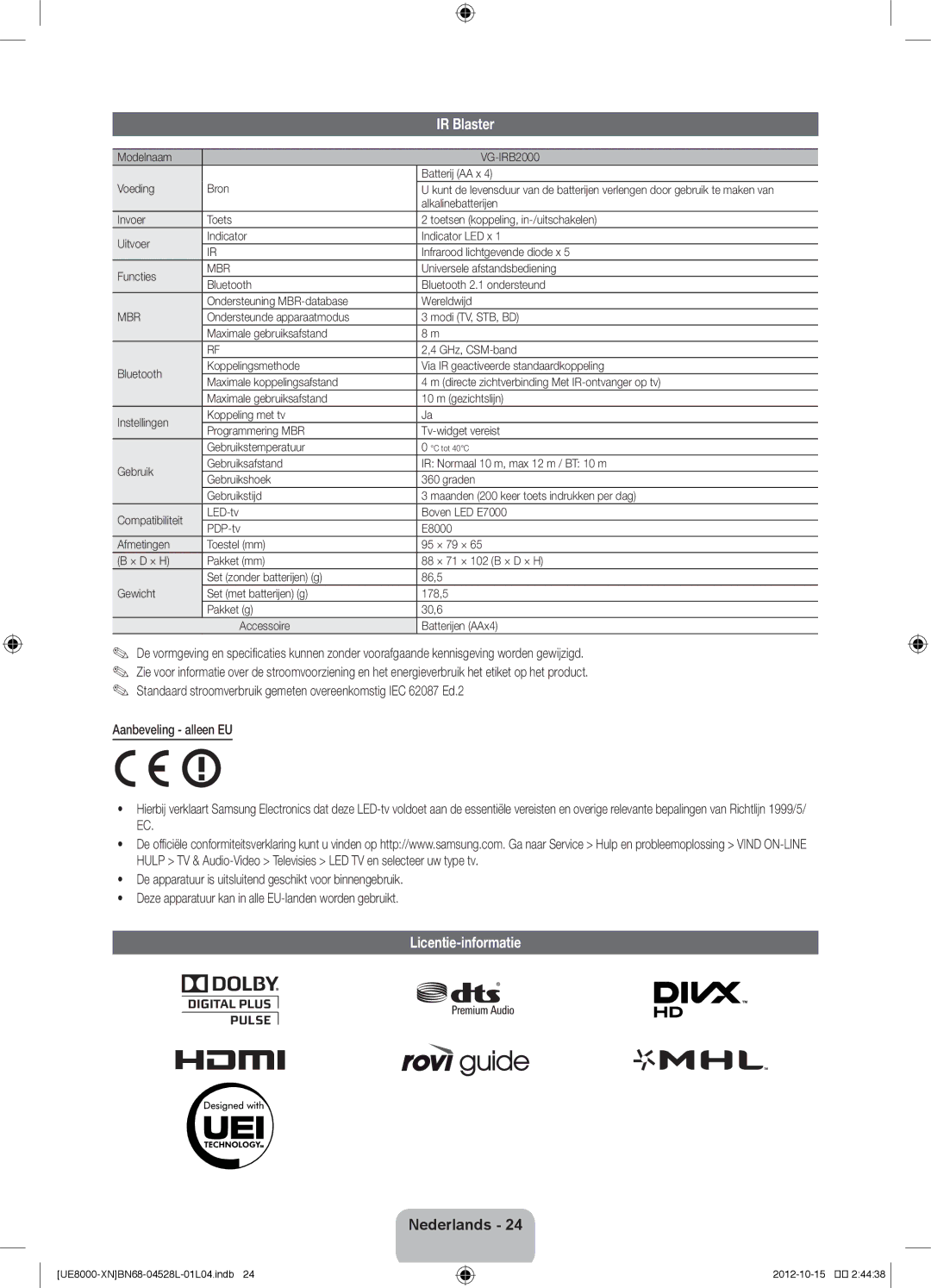 Samsung UE40ES8000SXZF, UE40ES8000SXTK, UE46ES8000SXXN Licentie-informatie, Modelnaam VG-IRB2000 Batterij AA x Voeding Bron 