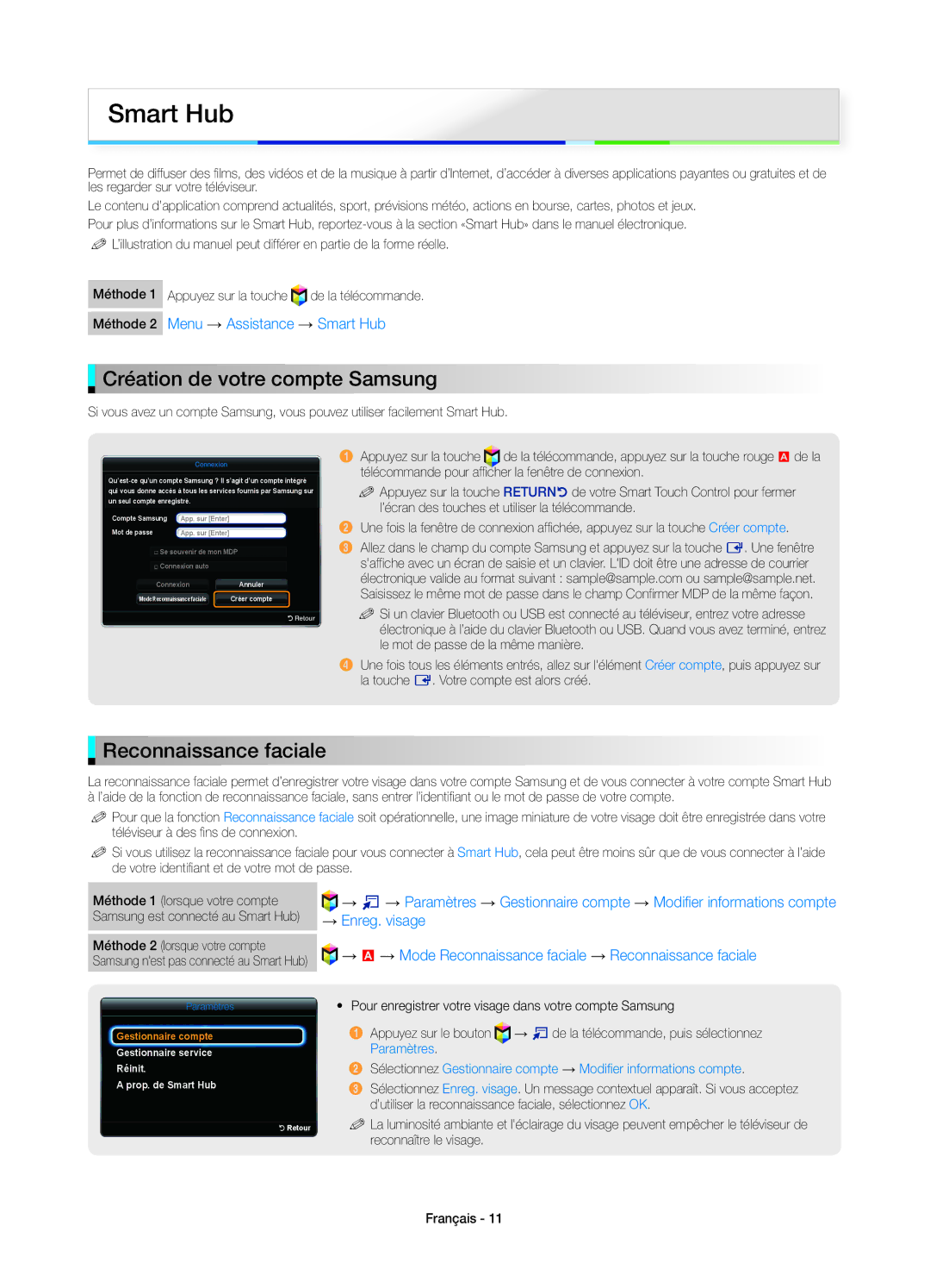 Samsung UE40ES8000SXXN, UE40ES8000SXTK, UE46ES8000SXXN manual Création de votre compte Samsung, Reconnaissance faciale 