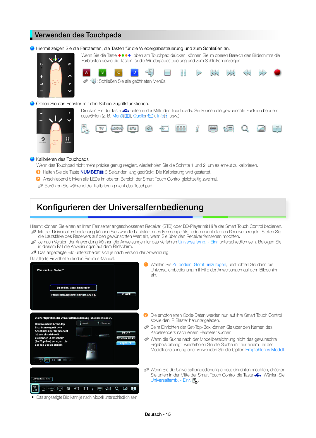 Samsung UE46ES8000SXZF manual Konﬁgurieren der Universalfernbedienung, Verwenden des Touchpads, Universalfernb. Einr 