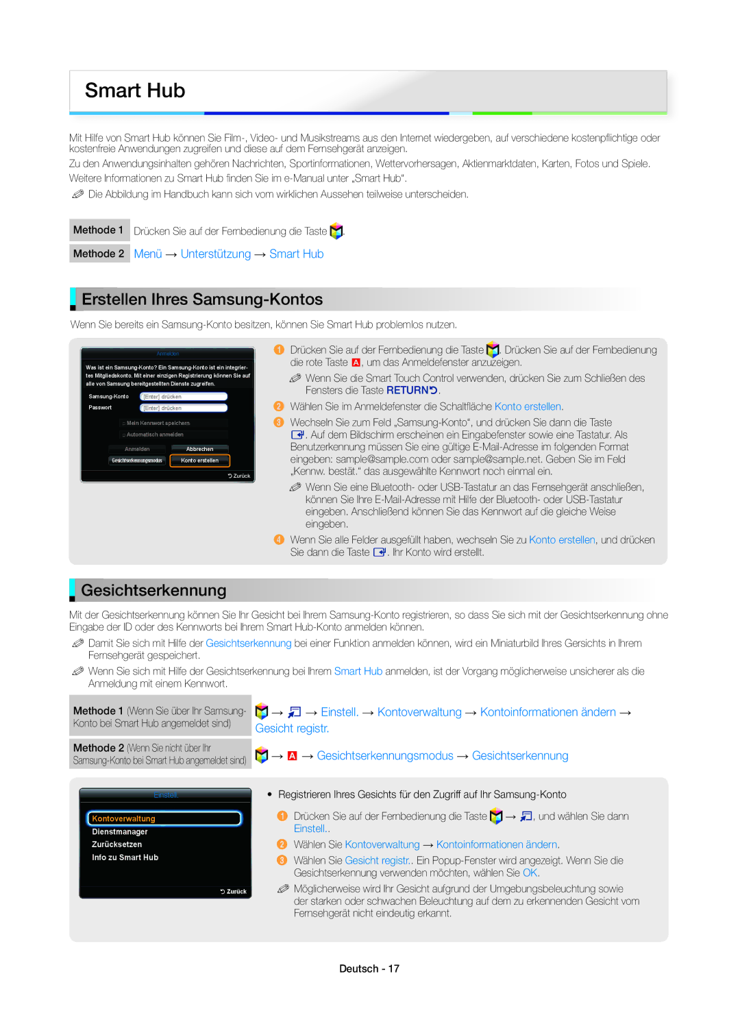 Samsung UE40ES8000SXZF, UE40ES8000SXTK, UE46ES8000SXXN, UE46ES8000SXXC Erstellen Ihres Samsung-Kontos, Gesichtserkennung 