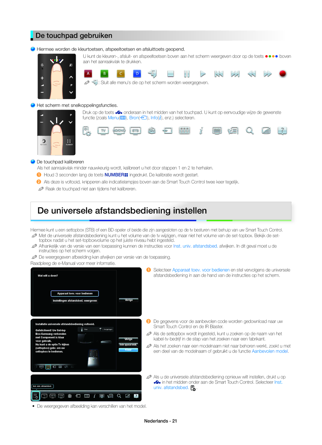 Samsung UE46ES8000SXXC, UE40ES8000SXTK, UE46ES8000SXXN De universele afstandsbediening instellen, De touchpad gebruiken 