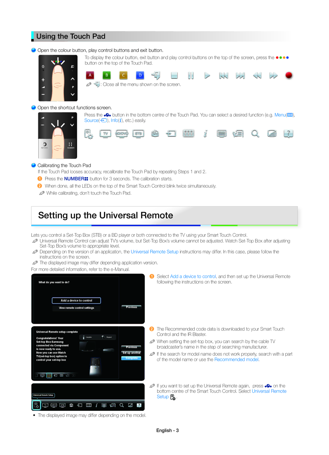 Samsung UE55ES8000SXXH, UE40ES8000SXTK, UE46ES8000SXXN, UE46ES8000SXXC Setting up the Universal Remote, Using the Touch Pad 