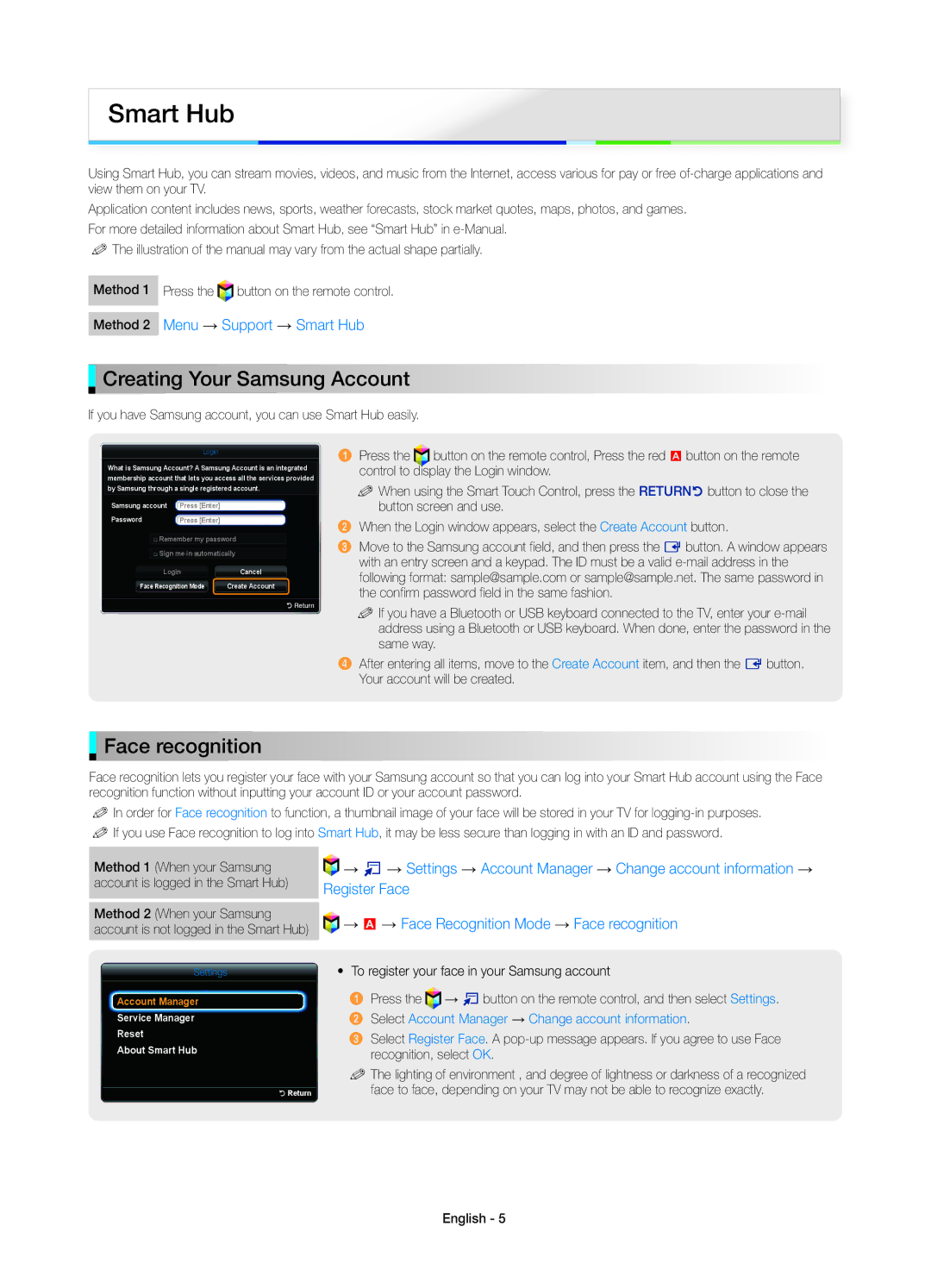 Samsung UE46ES8000SXXH, UE40ES8000SXTK, UE46ES8000SXXN manual Smart Hub, Creating Your Samsung Account, Face recognition 