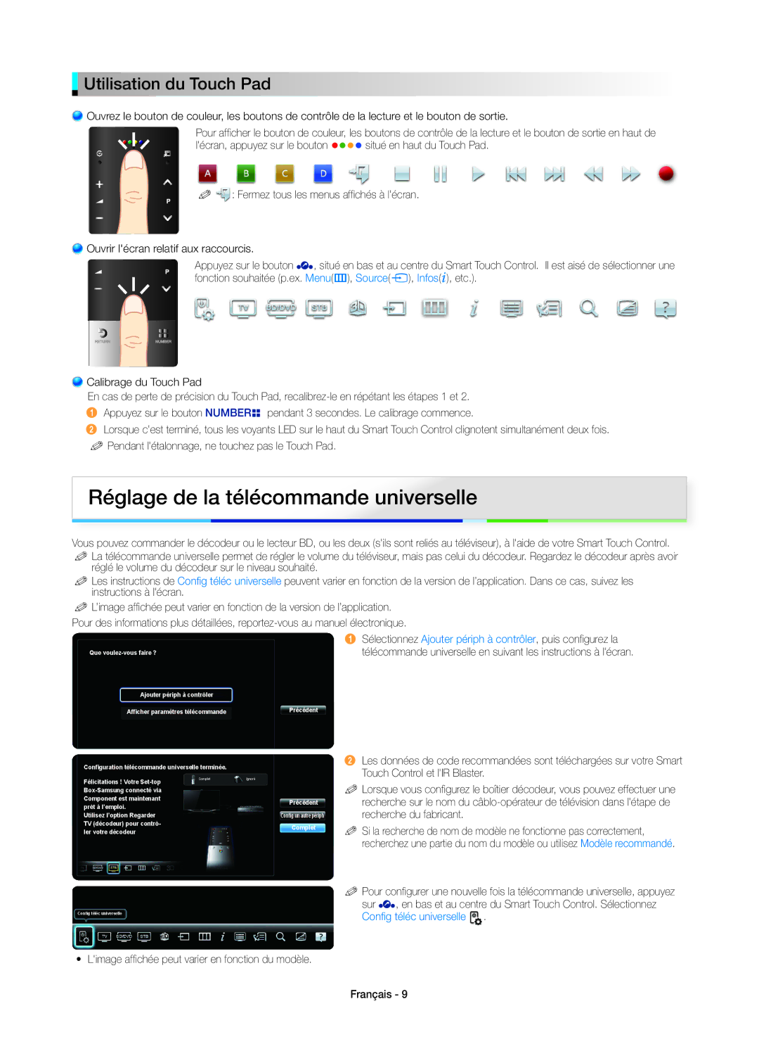 Samsung UE65ES8000SXXN manual Réglage de la télécommande universelle, Utilisation du Touch Pad, Config téléc universelle 