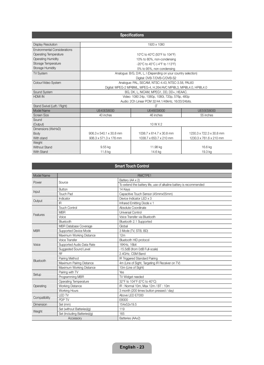 Samsung UE55ES8000SXTK, UE40ES8000SXTK, UE46ES8000SXXN, UE46ES8000SXXC, UE55ES8000SXXH Specifications, Smart Touch Control 