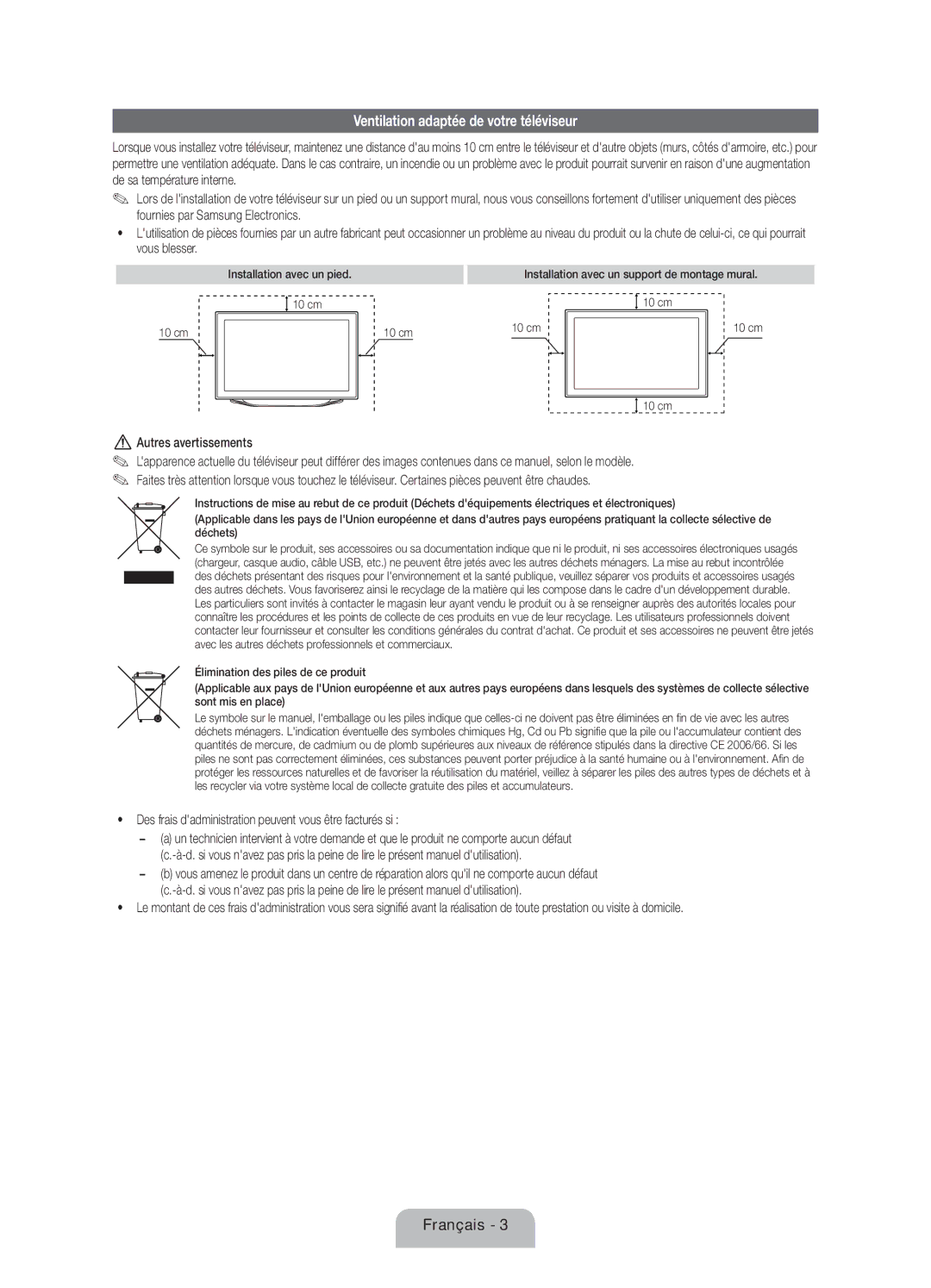 Samsung UE55ES8000SXXN, UE40ES8000SXTK, UE46ES8000SXXN manual Ventilation adaptée de votre téléviseur, Autres avertissements 