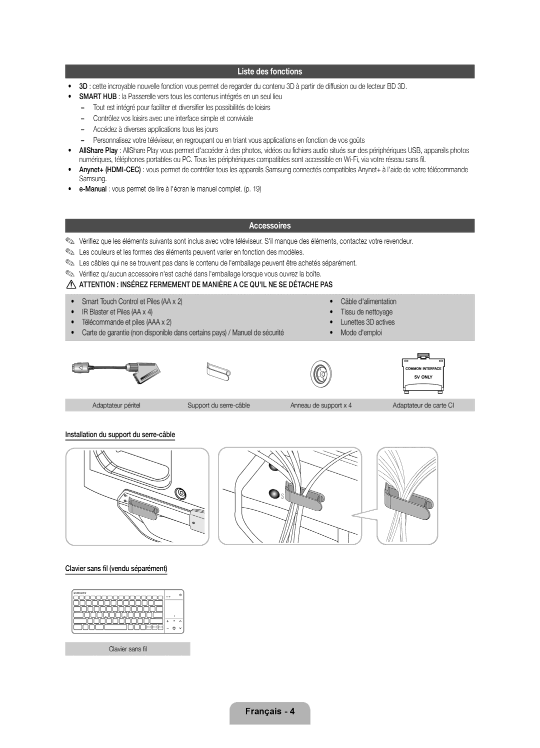 Samsung UE46ES8000SXZF, UE40ES8000SXTK, UE46ES8000SXXN, UE46ES8000SXXC, UE55ES8000SXXH manual Liste des fonctions, Accessoires 