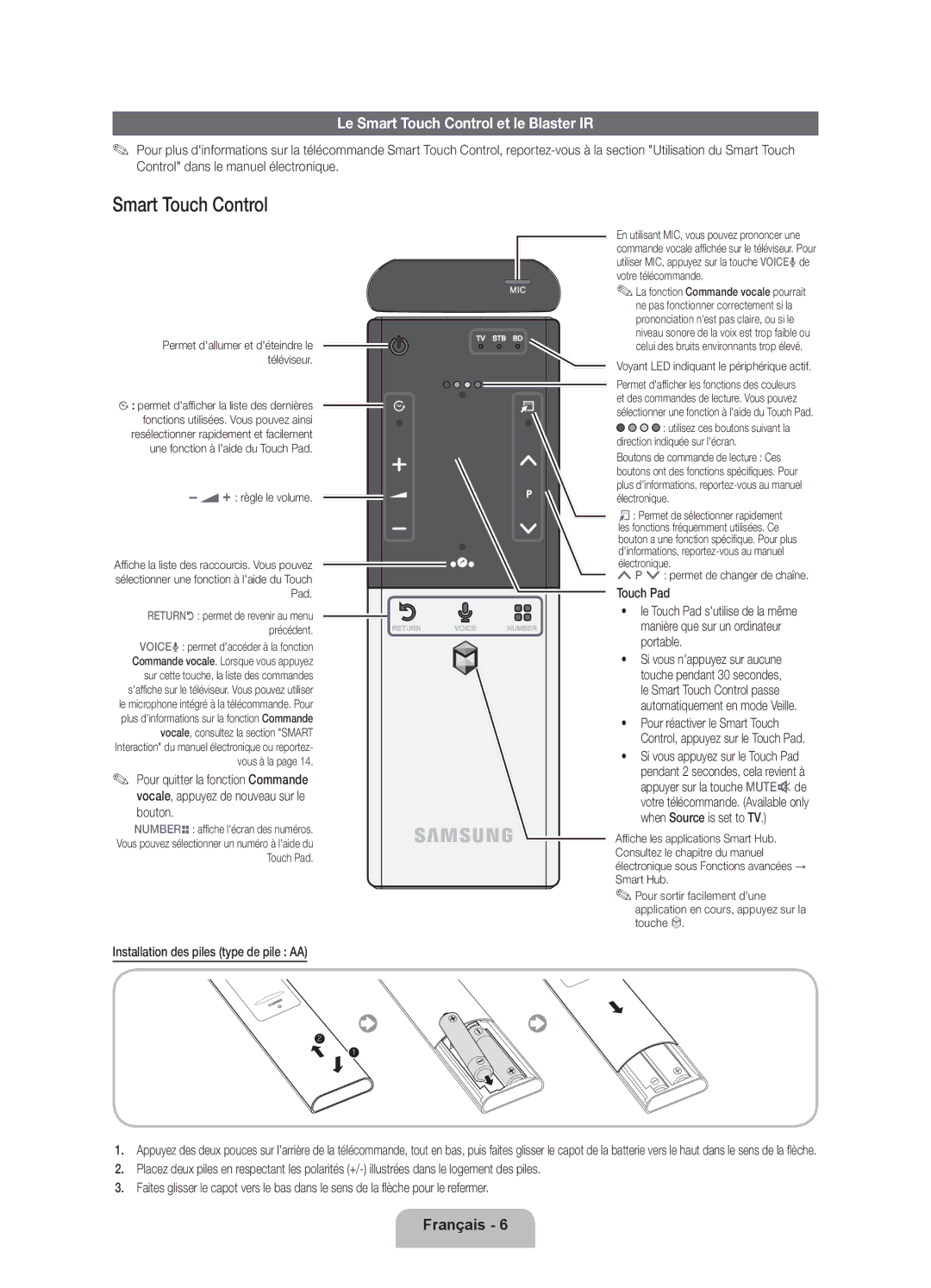 Samsung UE40ES8000SXZF manual Le Smart Touch Control et le Blaster IR, Touch Pad, Portable, When Source is set to TV 