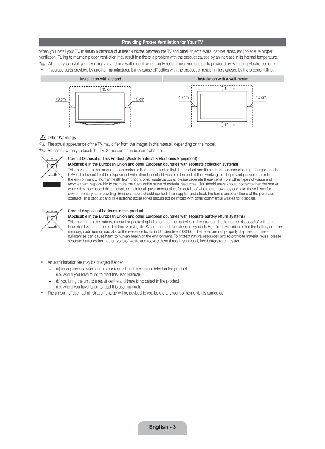 Samsung UE55ES8000SXXH, UE40ES8000SXTK, UE46ES8000SXXN manual Providing Proper Ventilation for Your TV, Other Warnings 