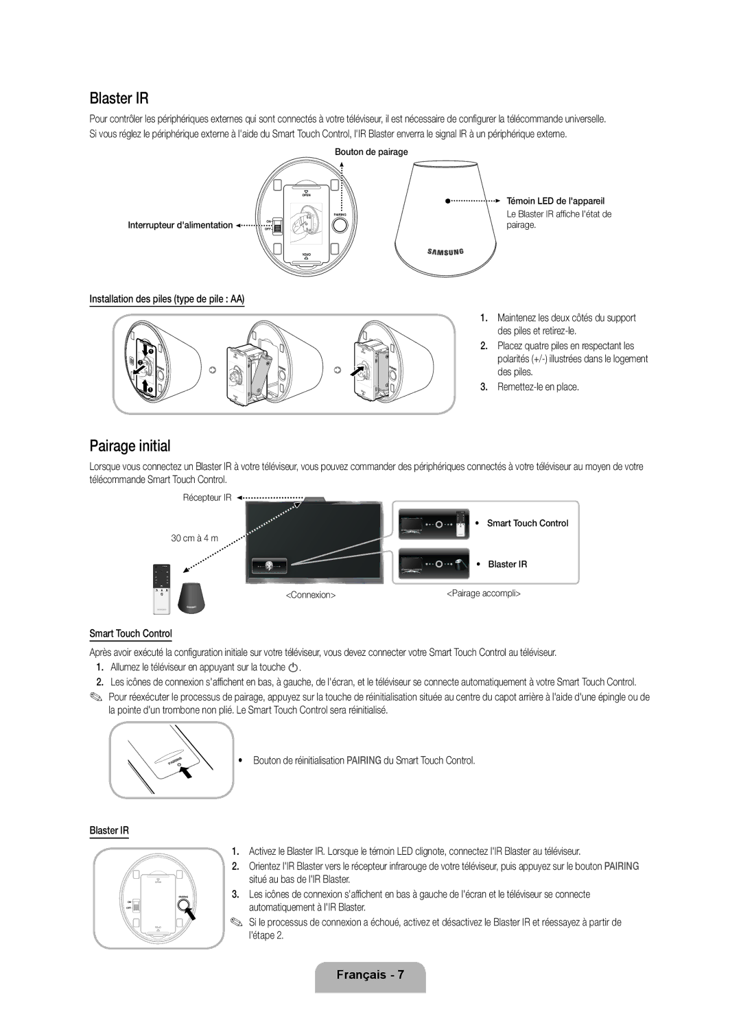 Samsung UE40ES8000SXTK, UE46ES8000SXXN, UE46ES8000SXXC, UE55ES8000SXXH, UE40ES8000SXXC manual Blaster IR, Pairage initial 