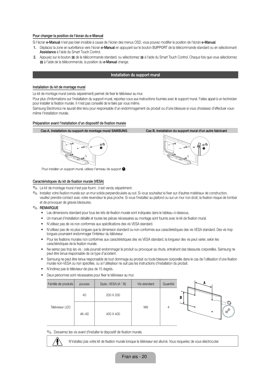 Samsung UE55ES8000SXZF, UE40ES8000SXTK manual Installation du support mural, Pour changer la position de lécran du e-Manual 