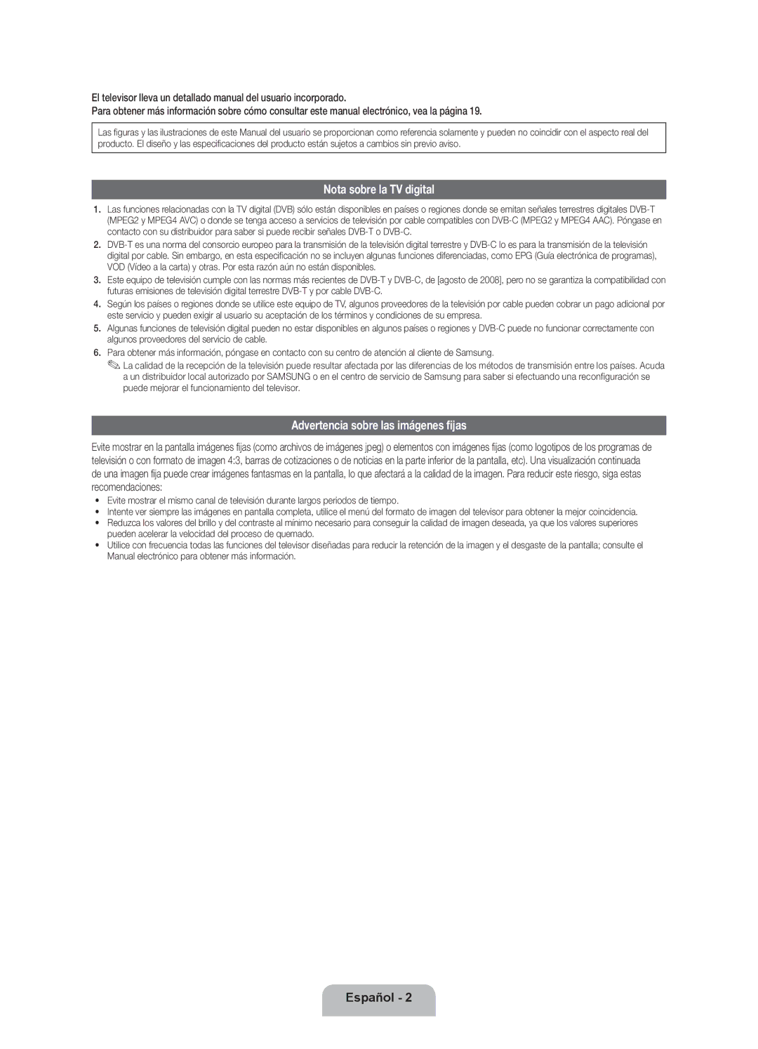 Samsung UE55ES8000SXXH, UE40ES8000SXTK, UE46ES8000SXXN manual Nota sobre la TV digital, Advertencia sobre las imágenes fijas 