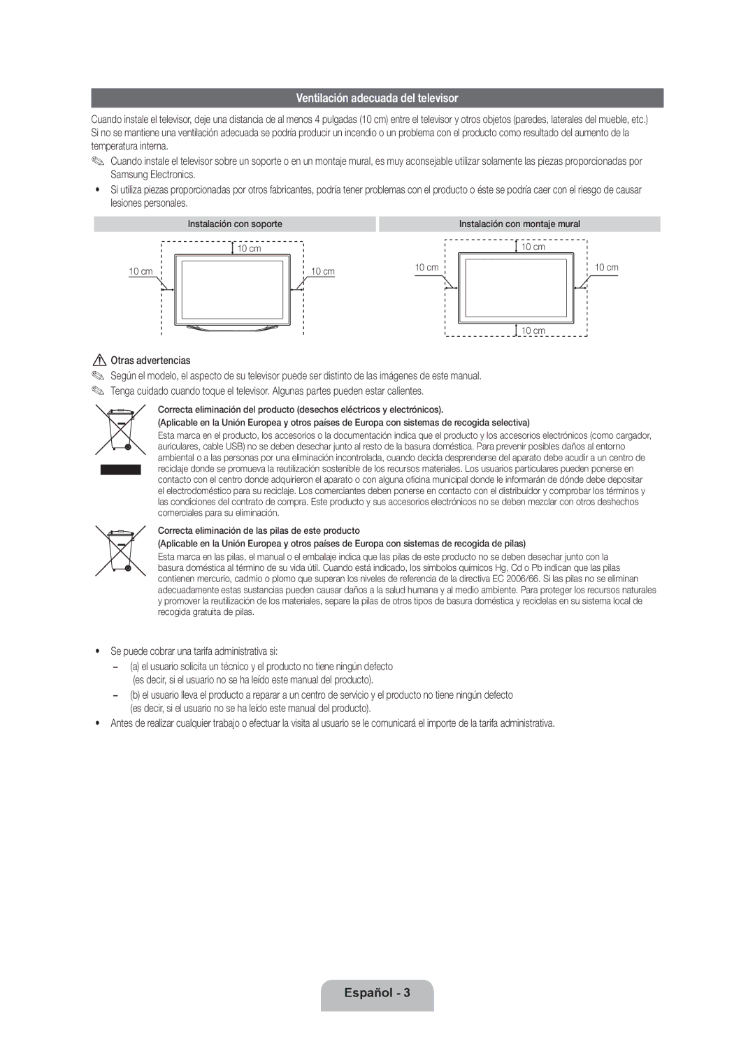 Samsung UE40ES8000SXXC, UE40ES8000SXTK, UE46ES8000SXXN manual Ventilación adecuada del televisor, Otras advertencias 