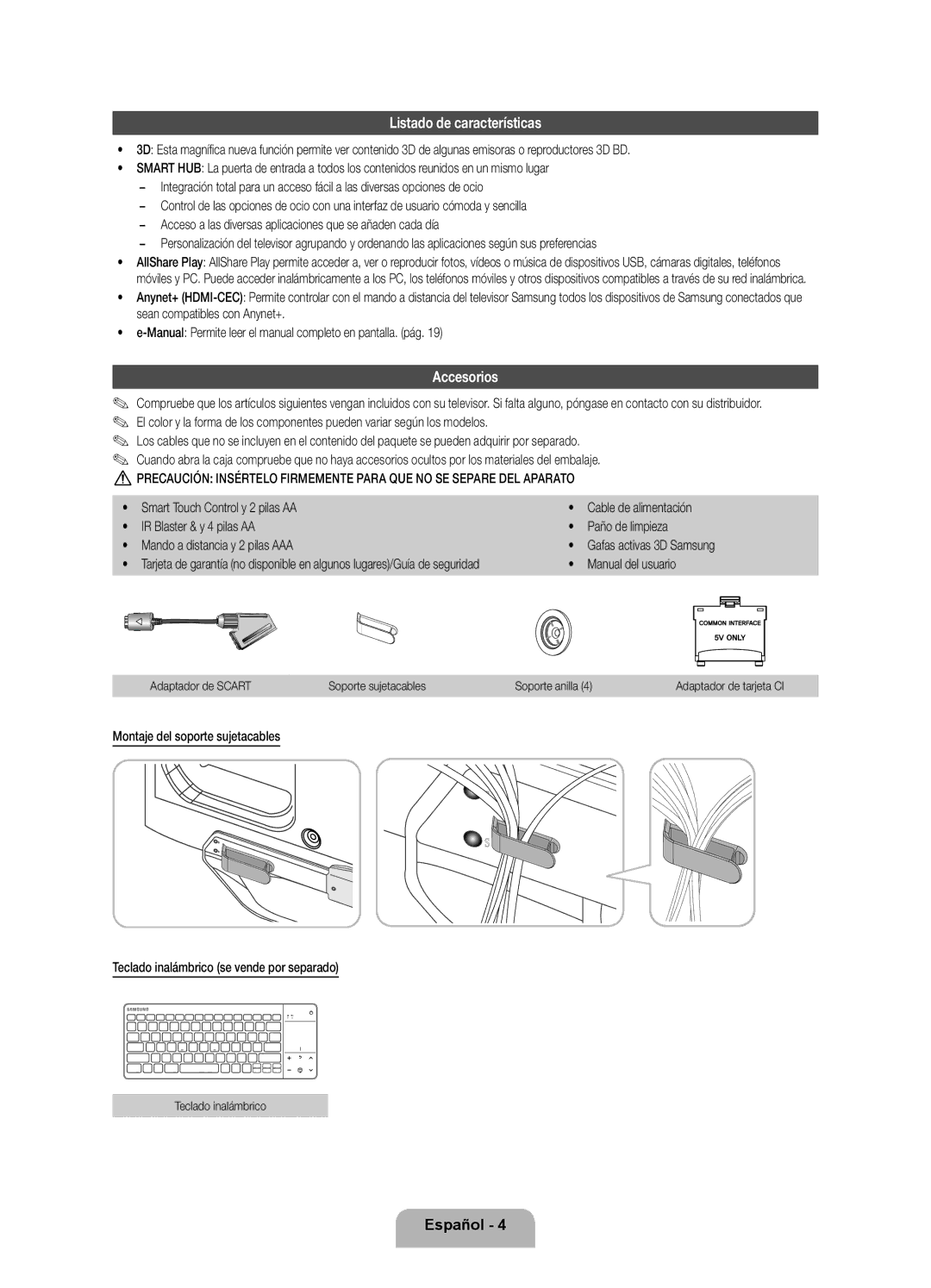 Samsung UE46ES8000SXXH, UE40ES8000SXTK Listado de características, Accesorios, Manual del usuario, Teclado inalámbrico 