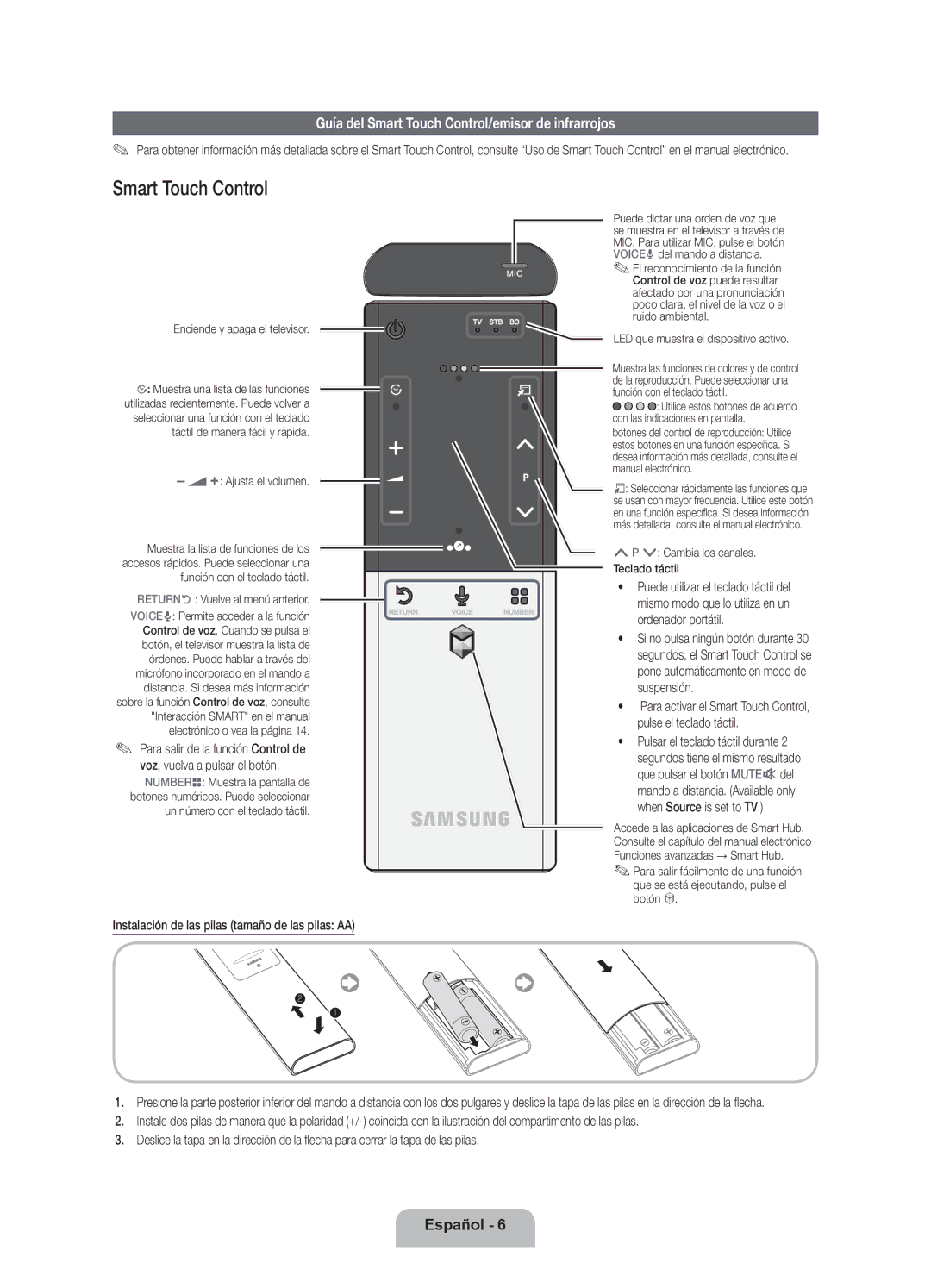 Samsung UE55ES8000SXXC Guía del Smart Touch Control/emisor de infrarrojos, Instalación de las pilas tamaño de las pilas AA 