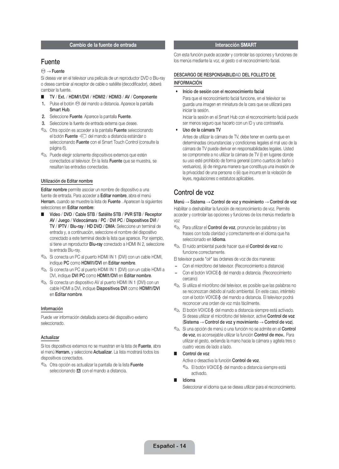 Samsung UE40ES8000SXTK, UE46ES8000SXXN manual Fuente, Control de voz, Cambio de la fuente de entrada, Interacción Smart 