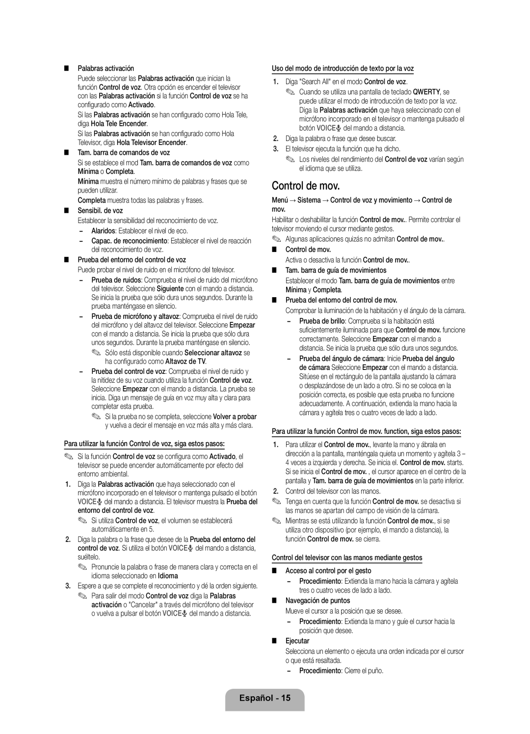 Samsung UE46ES8000SXXN Control de mov, Palabras activación, Para utilizar la función Control de voz, siga estos pasos 