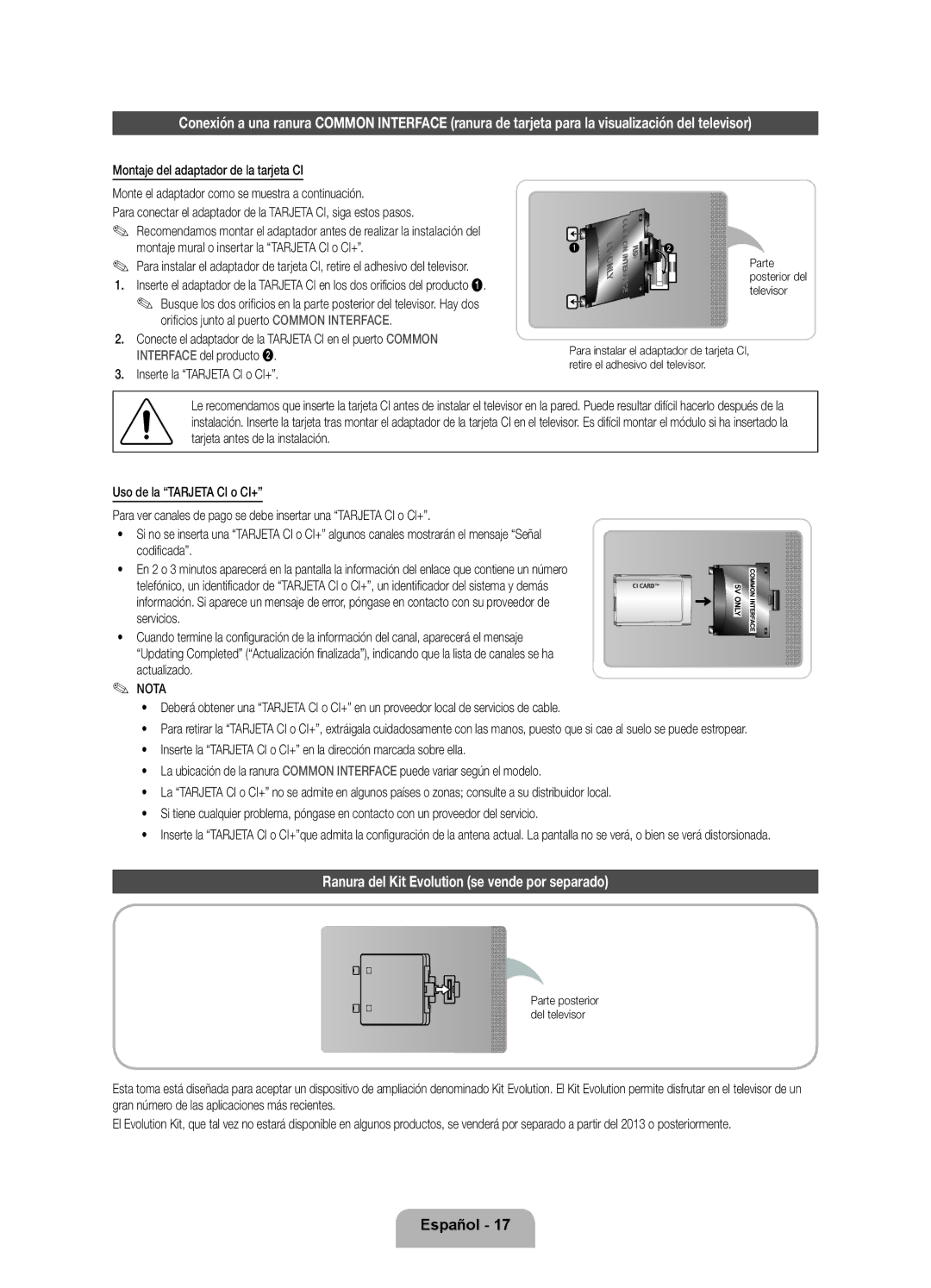 Samsung UE55ES8000SXXH, UE40ES8000SXTK, UE46ES8000SXXN, UE46ES8000SXXC manual Ranura del Kit Evolution se vende por separado 