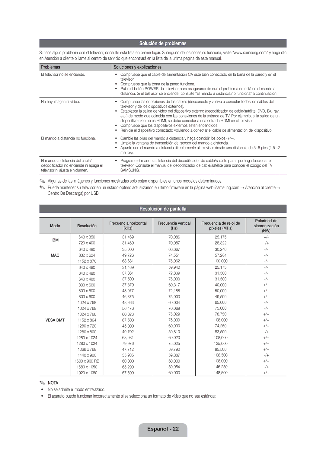 Samsung UE55ES8000SXTK, UE40ES8000SXTK Solución de problemas, Resolución de pantalla, Problemas Soluciones y explicaciones 